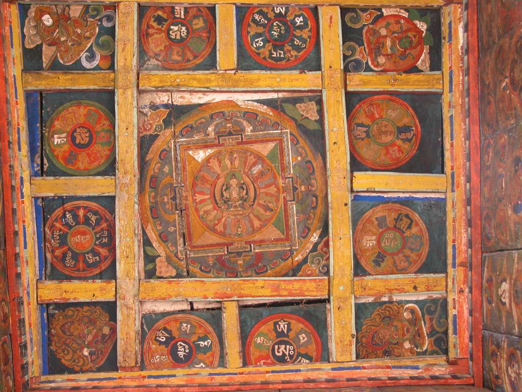 Manaslu 05 08 Ghap Kani Ceiling Painting The Ghap (2110m) kani has intricate, well-preserved paintings on the ceiling with Avalokiteshvara in the centre.